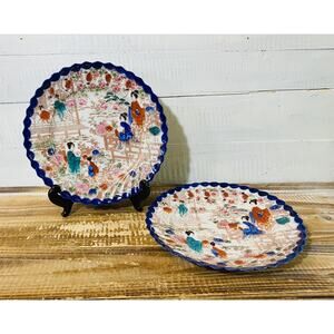 Set of 2 Vintage Antique Hand Painted Geisha Girls Scalloped Nippon Plates 8.5"